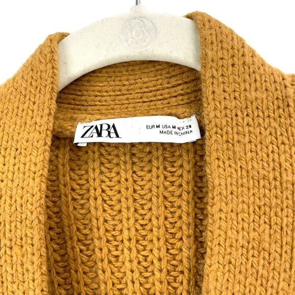 Zara tied chunky knit cardigan sweater Size M mustard marigold yellow heavy - Picture 4 of 8